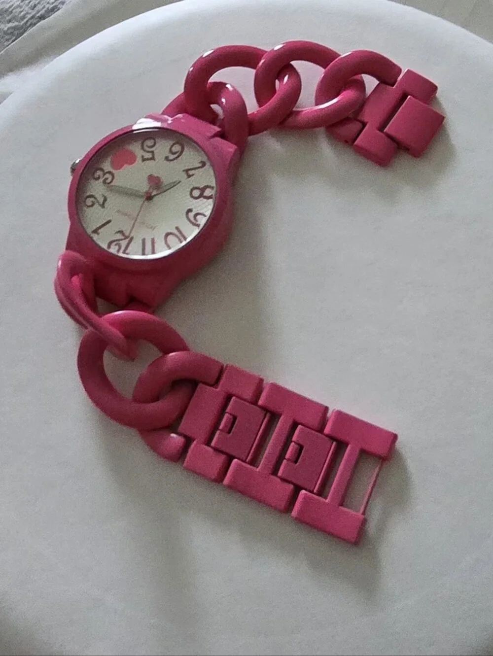 Betsey Johnson Watch Curb Chain Wristwatch Quartz Movement Pink Strap Works
